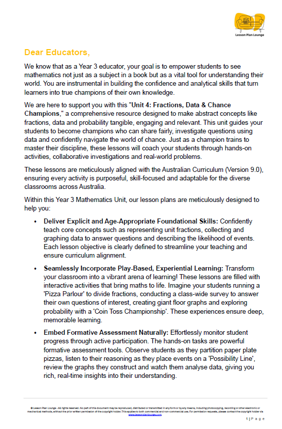 Mathematics - Unit 4: Fractions Data & Chance Champions - LESSON PLANS - Year 3
