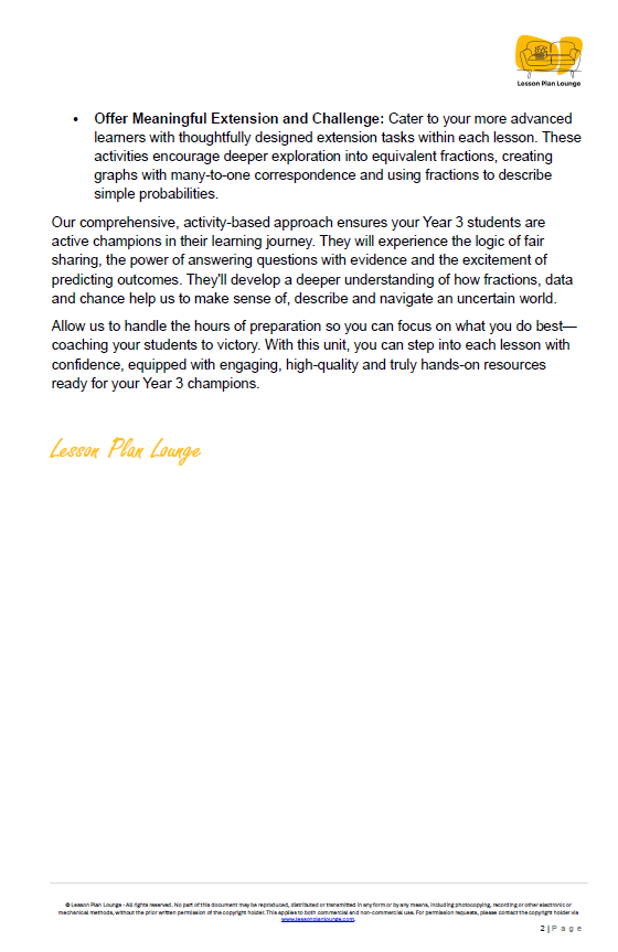 Mathematics - Unit 4: Fractions Data & Chance Champions - LESSON PLANS - Year 3