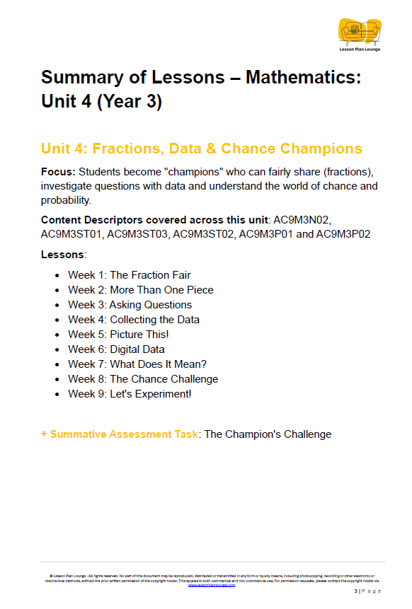 Mathematics - Unit 4: Fractions Data & Chance Champions - LESSON PLANS - Year 3
