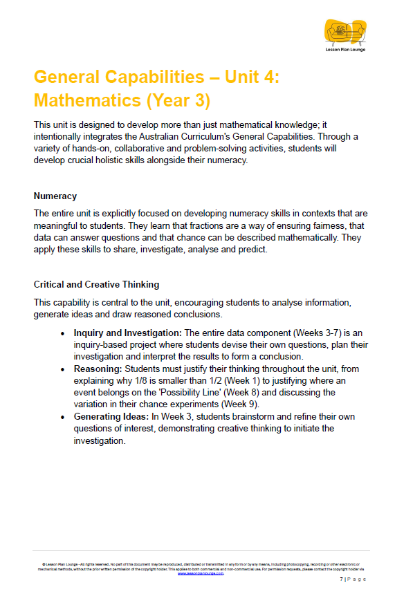 Mathematics - Unit 4: Fractions Data & Chance Champions - LESSON PLANS - Year 3