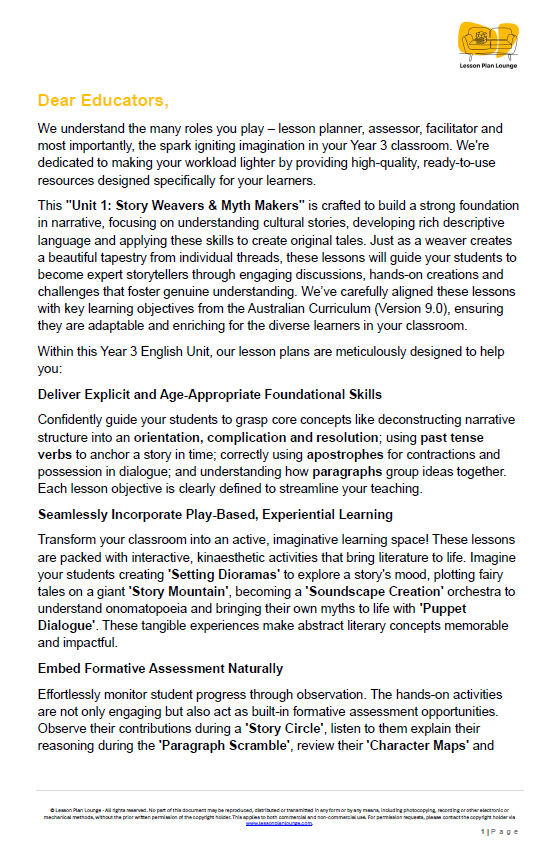 English - Unit 1: Story Weaves and Myth Makers - LESSON PLANS - Year 3