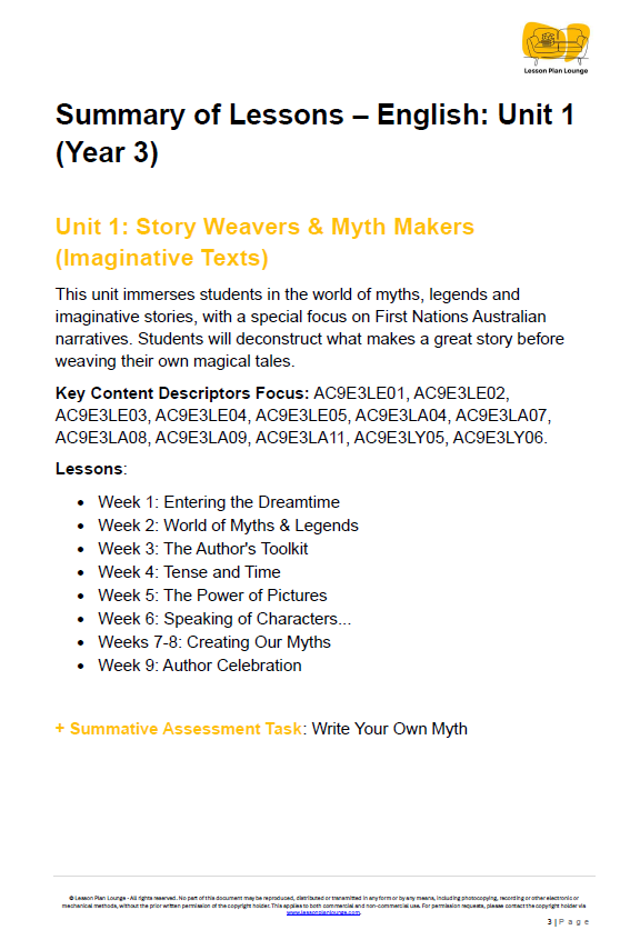 English - Unit 1: Story Weaves and Myth Makers - LESSON PLANS - Year 3