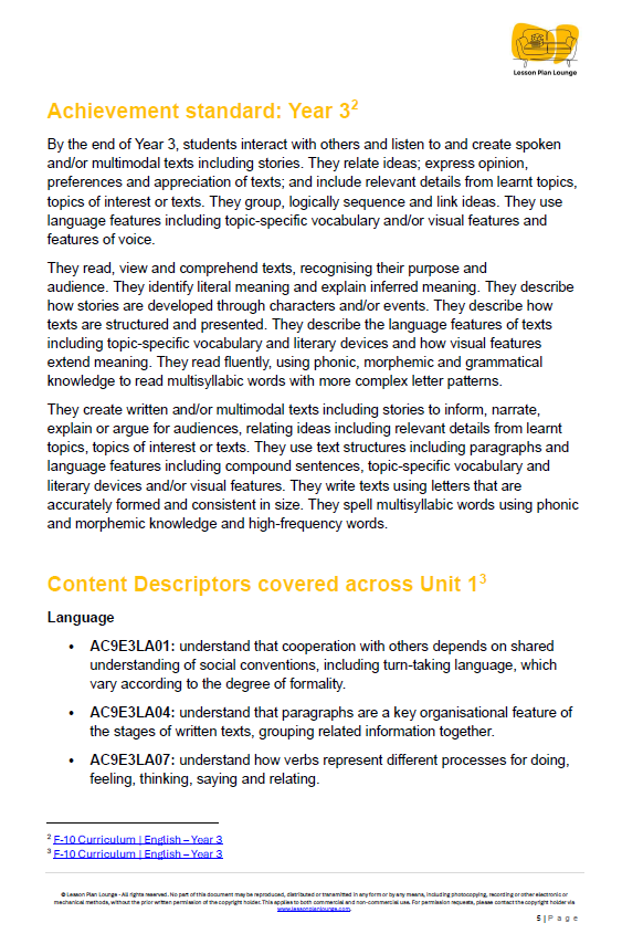 English - Unit 1: Story Weaves and Myth Makers - LESSON PLANS - Year 3