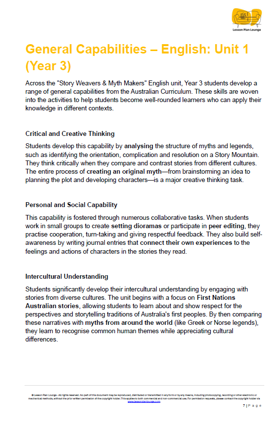 English - Unit 1: Story Weaves and Myth Makers - LESSON PLANS - Year 3