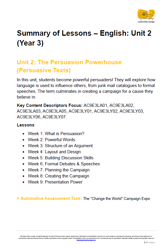 English - Unit 2: The Persuasion Powerhouse - LESSON PLANS - Year 3