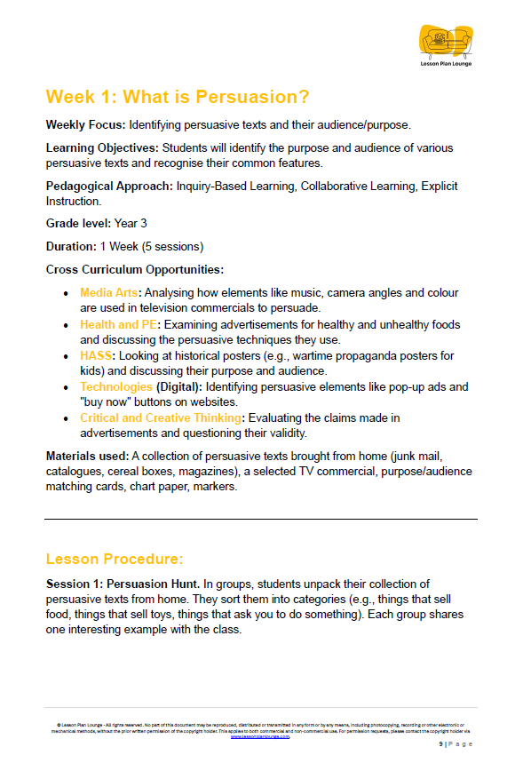 English - Unit 2: The Persuasion Powerhouse - LESSON PLANS - Year 3