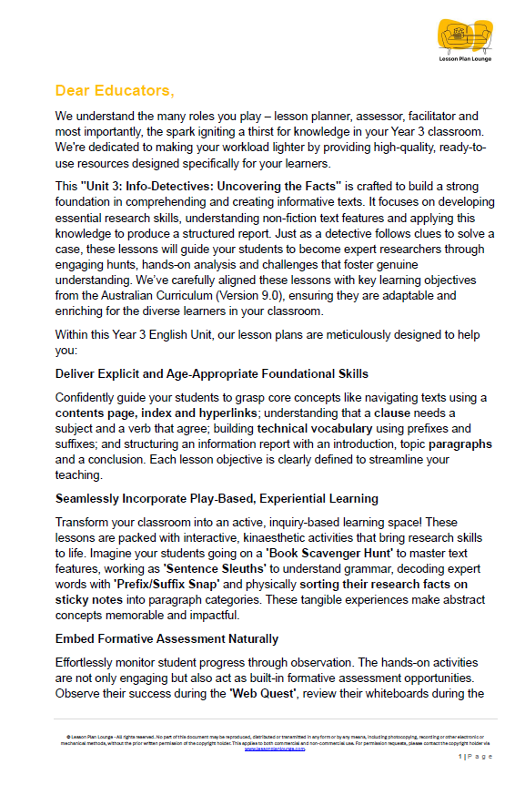 English - Unit 3: Info-Detectives Uncovering the Facts - LESSON PLANS - Year 3