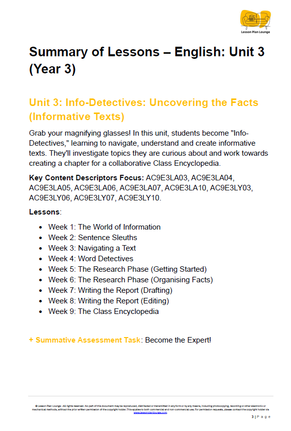 English - Unit 3: Info-Detectives Uncovering the Facts - LESSON PLANS - Year 3