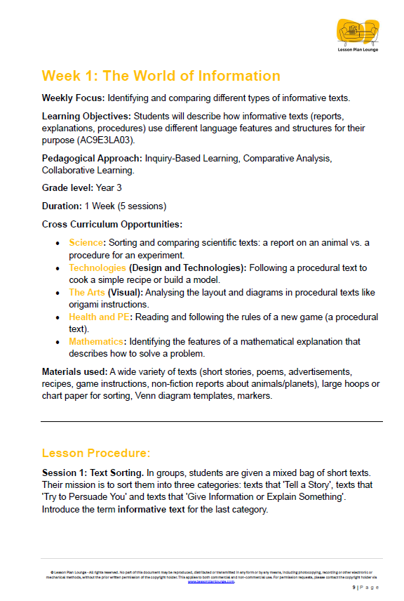 English - Unit 3: Info-Detectives Uncovering the Facts - LESSON PLANS - Year 3