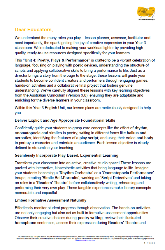 English - Unit 4 Poetry Plays and Performance - LESSON PLANS - Year 3