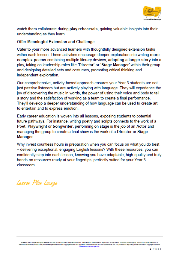 English - Unit 4 Poetry Plays and Performance - LESSON PLANS - Year 3