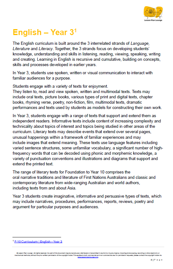 English - Unit 4 Poetry Plays and Performance - LESSON PLANS - Year 3