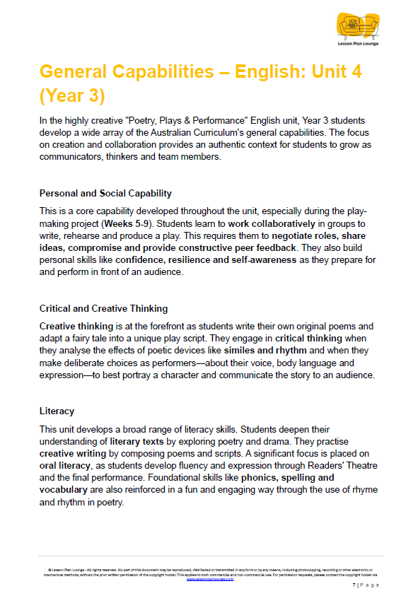 English - Unit 4 Poetry Plays and Performance - LESSON PLANS - Year 3
