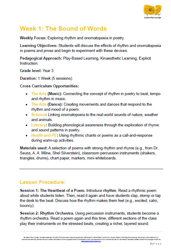 English - Unit 4 Poetry Plays and Performance - LESSON PLANS - Year 3