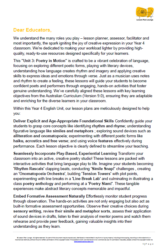 English - Unit 3: Poetry in Motion - LESSON PLANS - Year 4