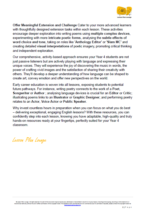 English - Unit 3: Poetry in Motion - LESSON PLANS - Year 4