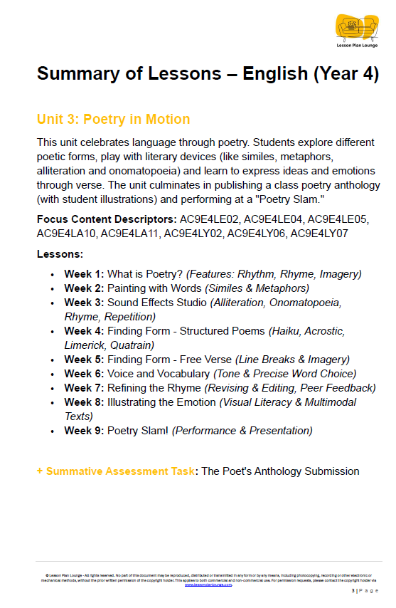 English - Unit 3: Poetry in Motion - LESSON PLANS - Year 4