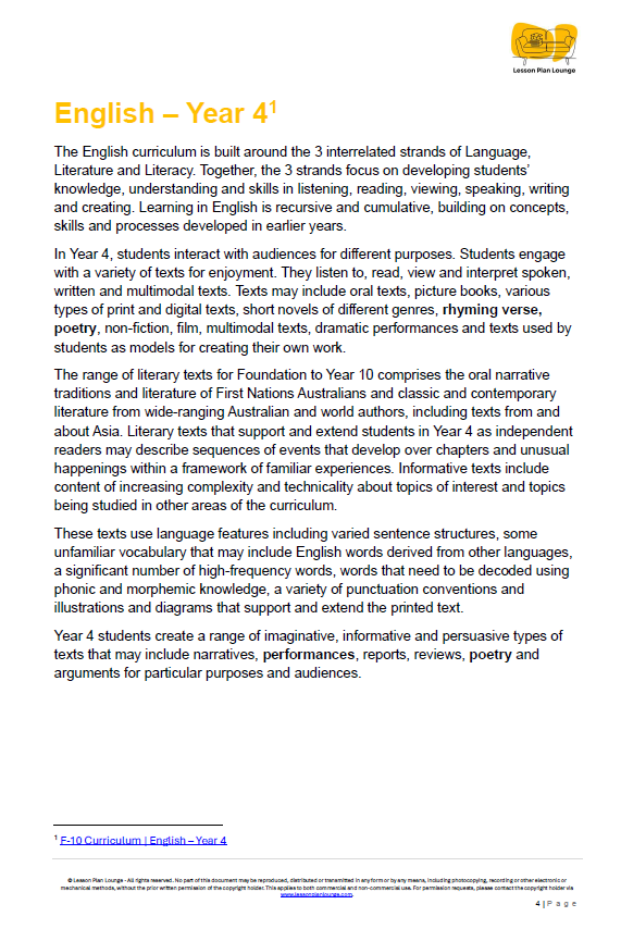 English - Unit 3: Poetry in Motion - LESSON PLANS - Year 4