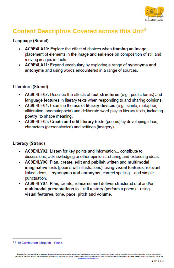 English - Unit 3: Poetry in Motion - LESSON PLANS - Year 4