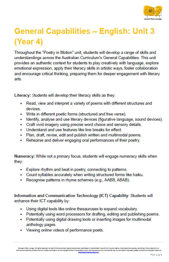 English - Unit 3: Poetry in Motion - LESSON PLANS - Year 4