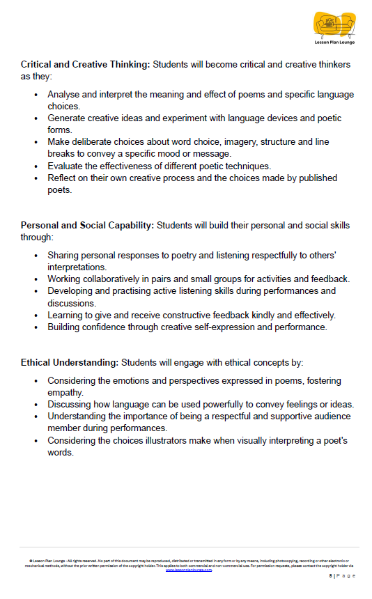 English - Unit 3: Poetry in Motion - LESSON PLANS - Year 4