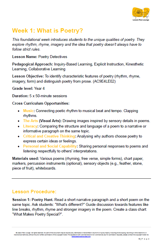 English - Unit 3: Poetry in Motion - LESSON PLANS - Year 4