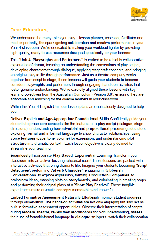 English - Unit 4: Playwrights & Performers - LESSON PLANS - Year 4