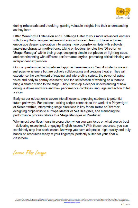 English - Unit 4: Playwrights & Performers - LESSON PLANS - Year 4