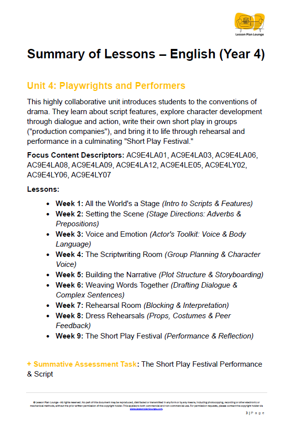 English - Unit 4: Playwrights & Performers - LESSON PLANS - Year 4
