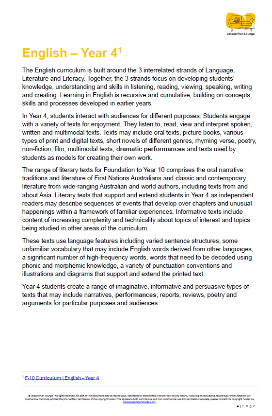 English - Unit 4: Playwrights & Performers - LESSON PLANS - Year 4