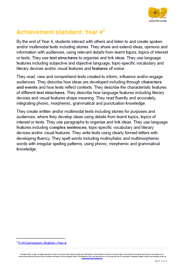 English - Unit 4: Playwrights & Performers - LESSON PLANS - Year 4