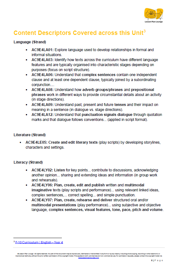 English - Unit 4: Playwrights & Performers - LESSON PLANS - Year 4