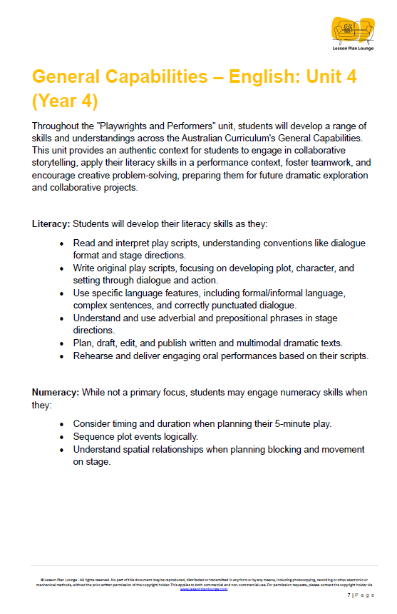 English - Unit 4: Playwrights & Performers - LESSON PLANS - Year 4