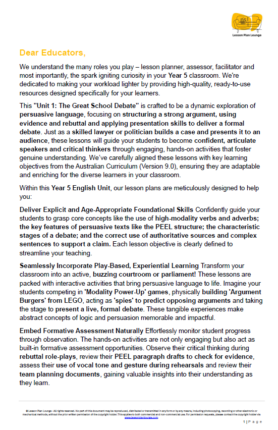 English - Unit 1: The Great School Debate - LESSON PLANS - Year 5