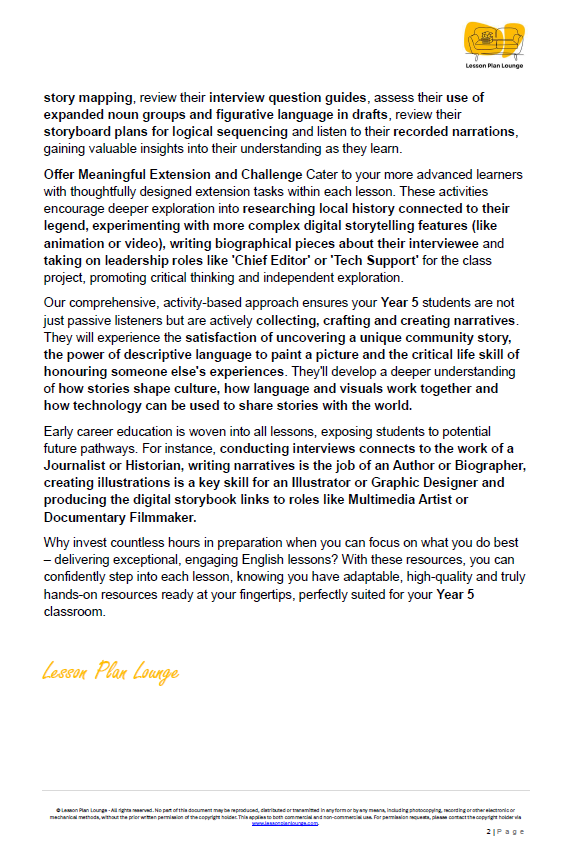 English - Unit 2: Our Community Legends - LESSON PLANS - Year 5