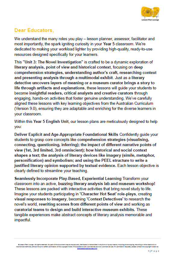English - Unit 3: The Novel Investigation - LESSON PLANS - Year 5