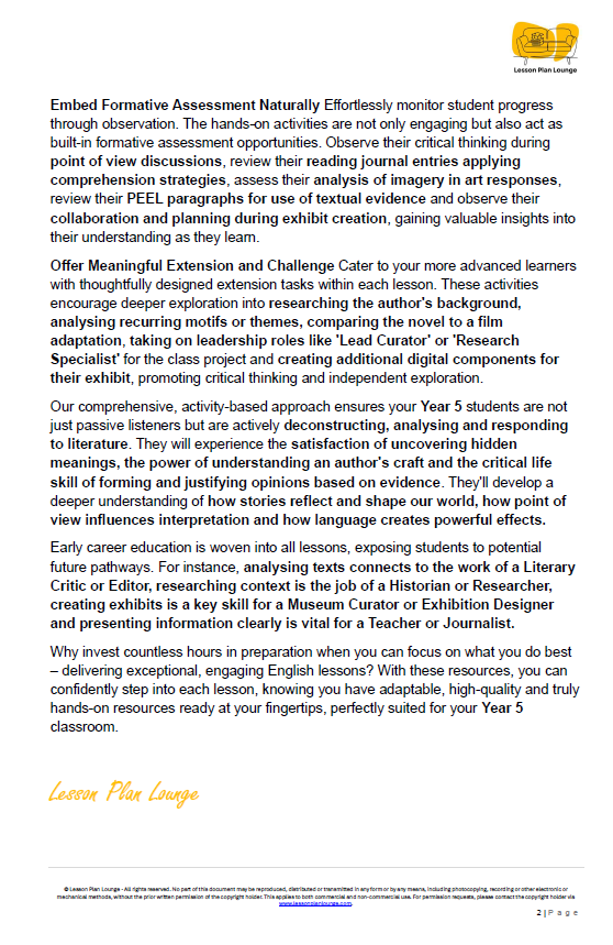 English - Unit 3: The Novel Investigation - LESSON PLANS - Year 5