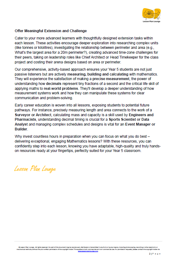 Mathematics - Unit 1: The Number System Architects - LESSON PLANS - Year 5