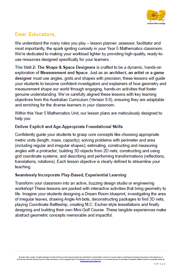 Mathematics - Unit 2: The Shape & Space Designers - LESSON PLANS - Year 5