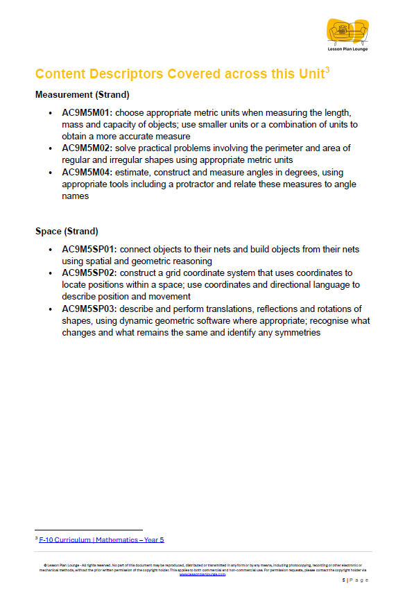 Mathematics - Unit 2: The Shape & Space Designers - LESSON PLANS - Year 5