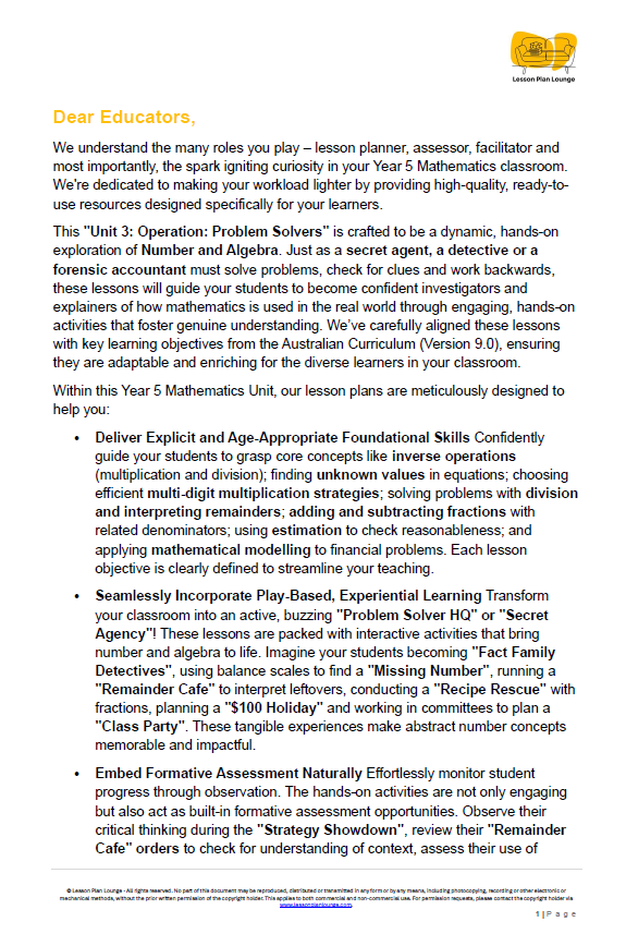 Mathematics - Unit 3: Operation Problem Solvers - LESSON PLANS - Year 5