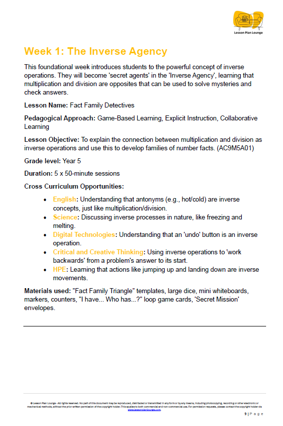 Mathematics - Unit 3: Operation Problem Solvers - LESSON PLANS - Year 5