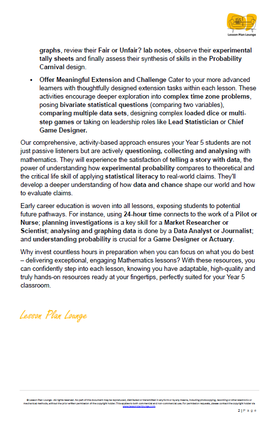 Mathematics - Unit 4: The Data Detectives & Chance Champions - LESSON PLANS - Year 5