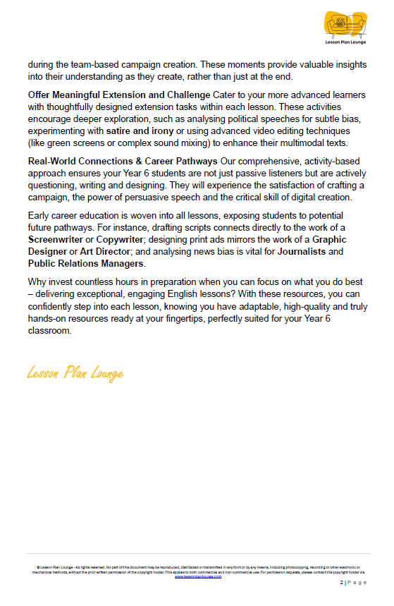 English - Unit 1: The Ad Agency Challenge - LESSON PLANS - Year 6