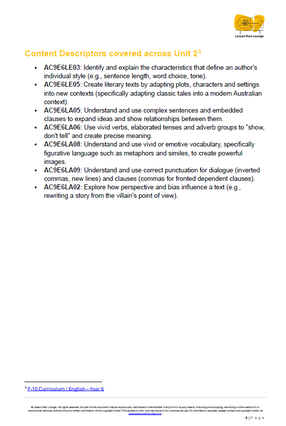 English - Unit 2: The Author's Toolkit - LESSON PLANS - Year 6