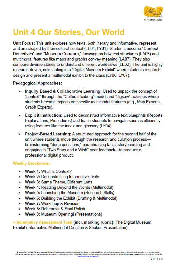 English - Unit 4: Our Stories, Our World - LESSON PLANS - Year 6