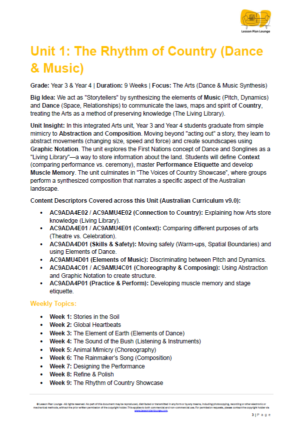 The Arts - Unit 1: The Rhythm of Country - LESSON PLANS - Year 3 & 4