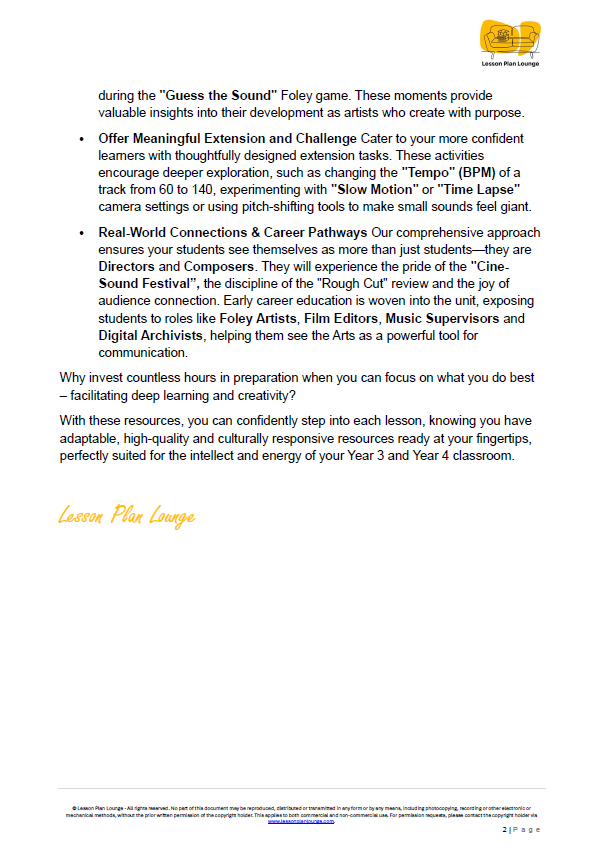 The Arts - Unit 4: Cinematic Sounds - LESSON PLANS - Year 3 & 4