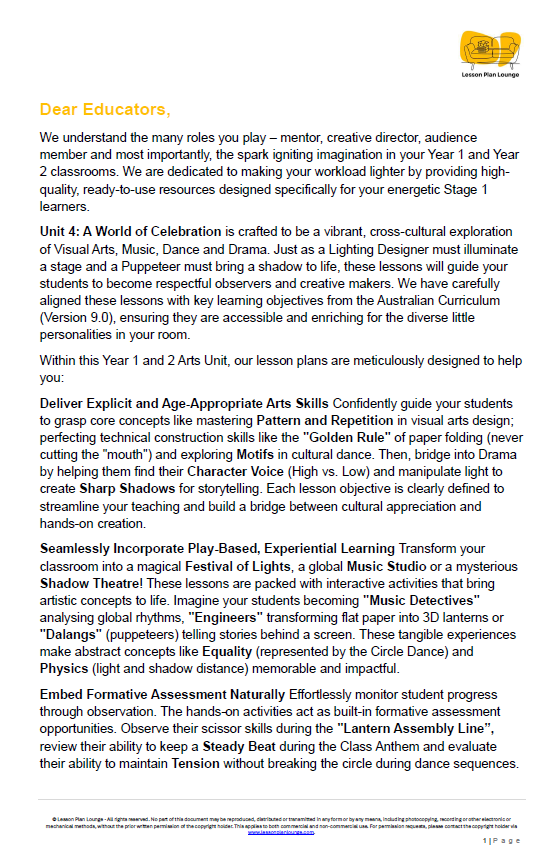 The Arts - Unit 4: A World of Celebration - LESSON PLANS - Year 1&2