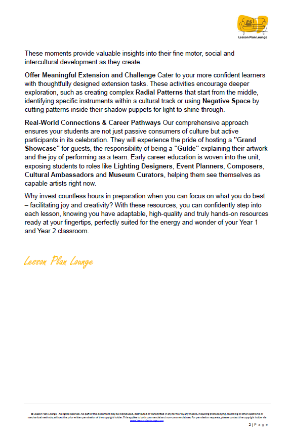 The Arts - Unit 4: A World of Celebration - LESSON PLANS - Year 1&2